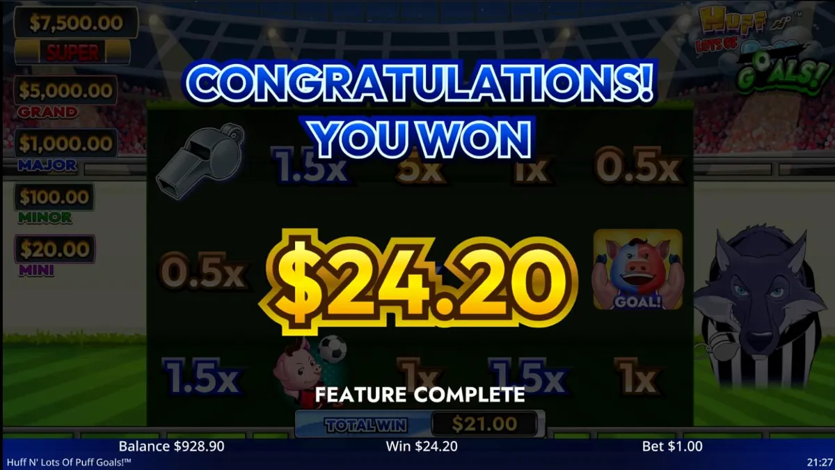 Tampilan visual slot Huff N' Lots of Goals dengan tema sepak bola dan tiga babi kecil
